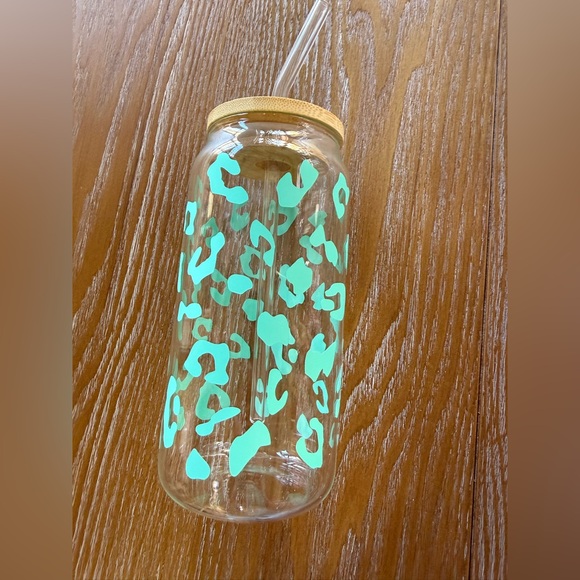 Other - Acrylic Leopard Print Drink Bottle with Straw - Mint Accents
